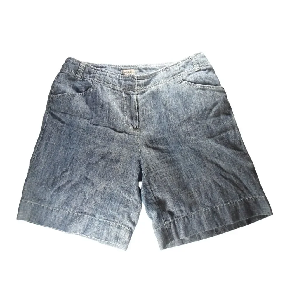 J. Jill Linen Bermuda Shorts Women Sz. 8 Linen Blue Fisherman Coastal Grandma